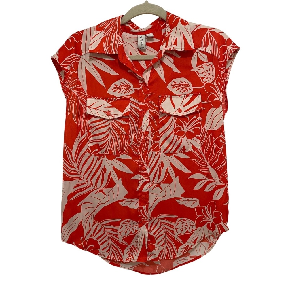 Joie Top Red White Tropical Floral Cap Sleeve Button Up Blouse Size XS